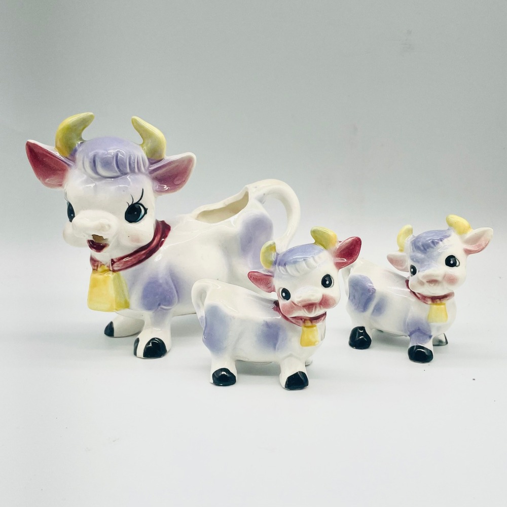 Vintage Ceramic Cow Creamer Salt Pepper Shaker Set Purple Spotted Figurine OS